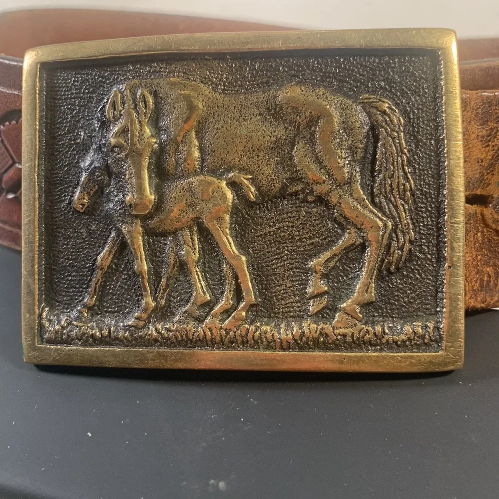 Vintage BTS Solid Brass Stallion and Colt Brown Leather Engraved Belt